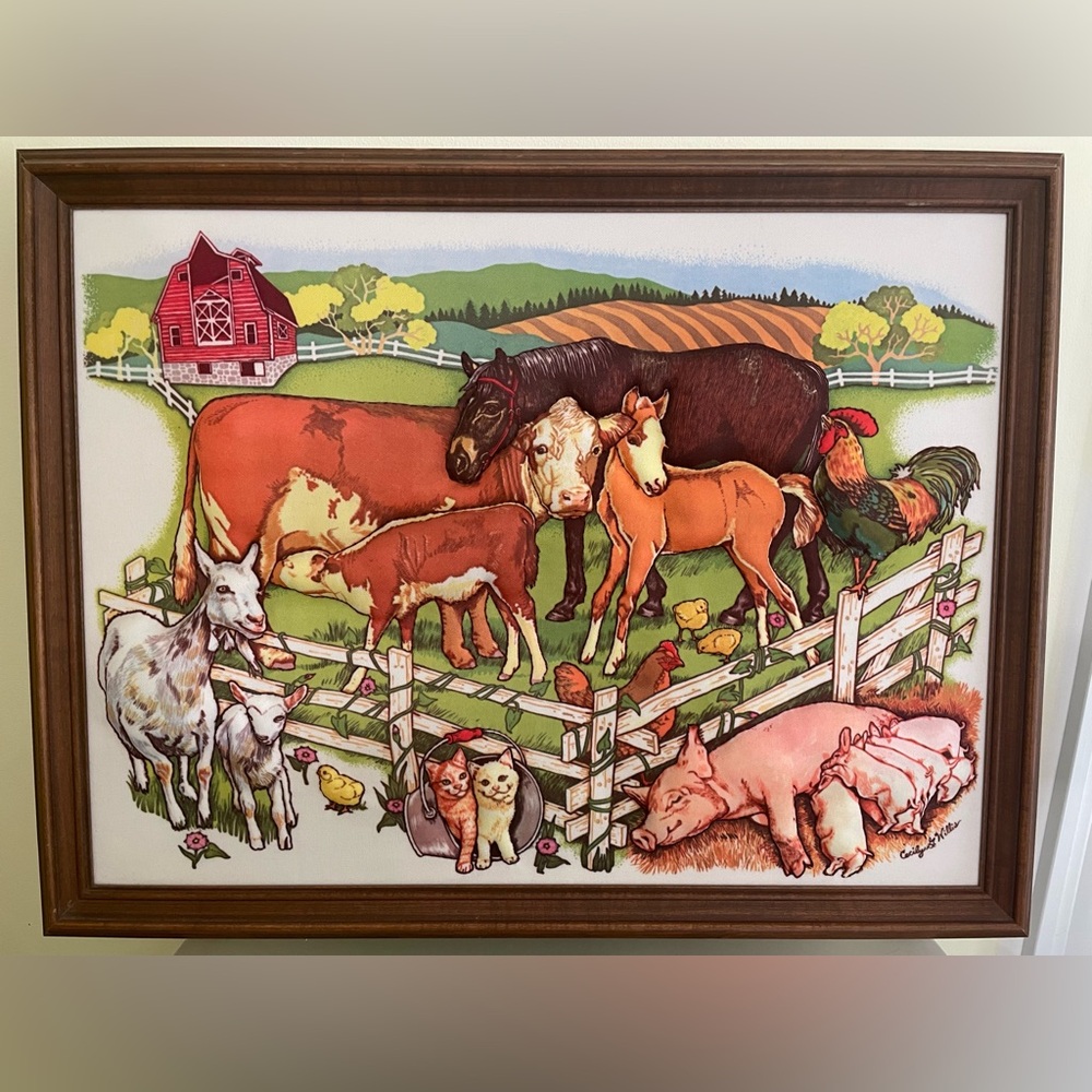 Vintage 24.5” W x 19” H Framed Puffy Stitched Needlepoint Art of Farm Animals